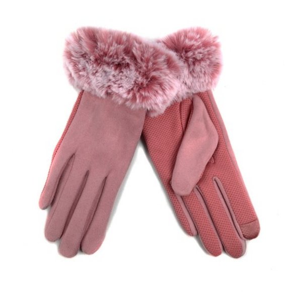 Pink Women's Faux Fur Trim Touch Screen Gloves - Picture 2 of 3